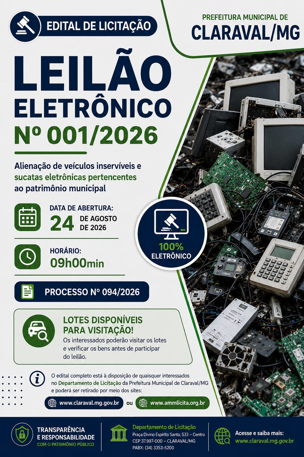 PREFEITURA DE CLARAVAL REALIZARÁ LEILÃO ELETRÔNICO DE VEÍCULOS E SUCATAS ELETRÔNICAS